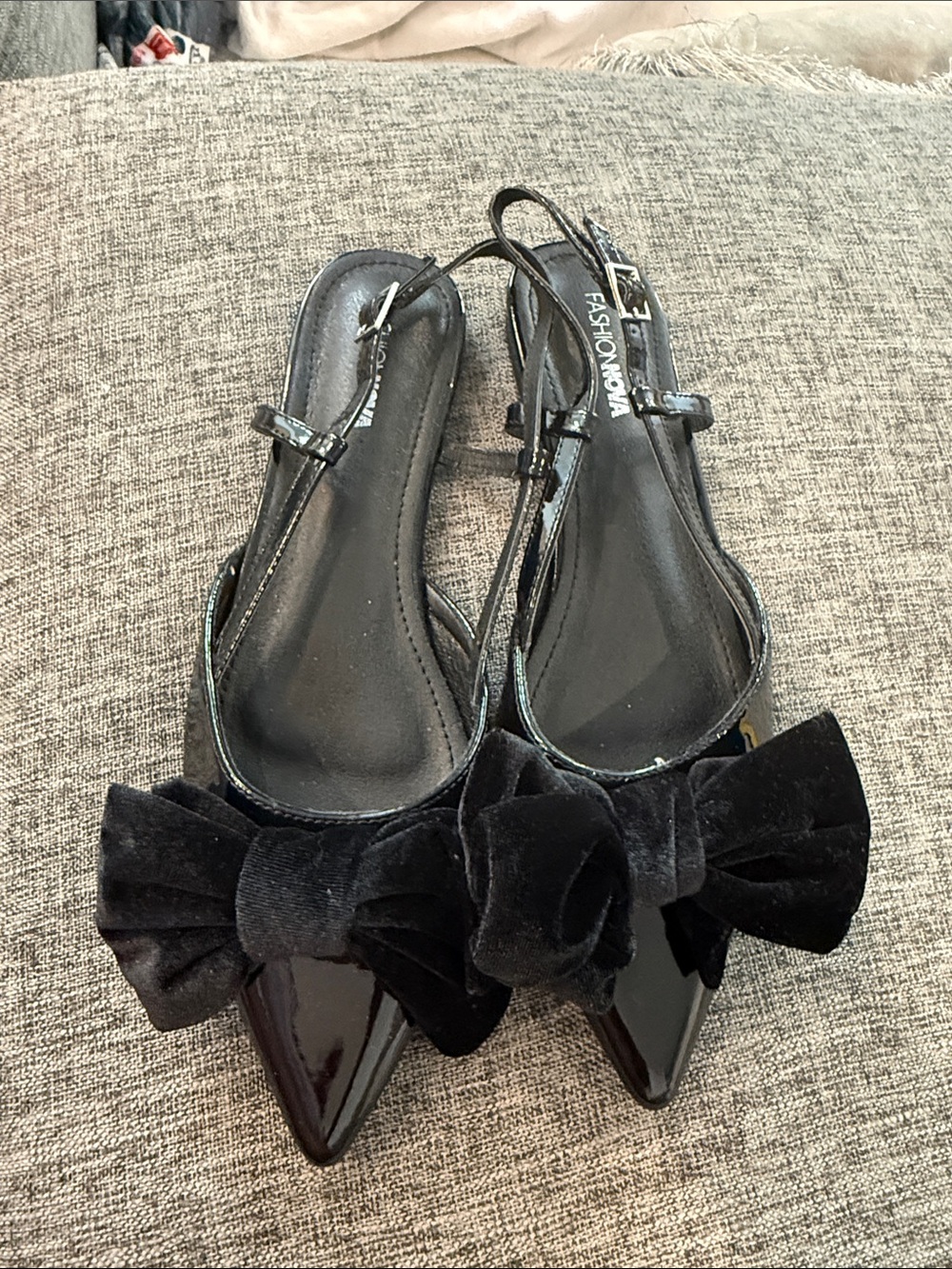 Black Patent Pointed Slingback Flats with Velvet Bow